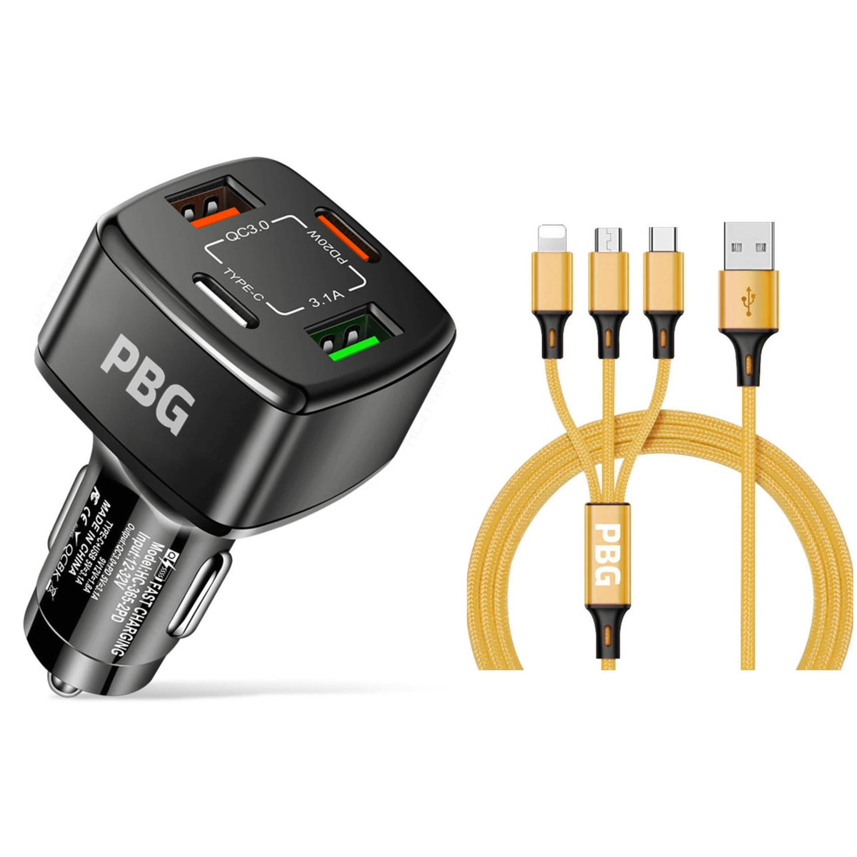 PBG Black 4 Port Car Charger and 4FT - 3 in 1 Nylon Cable Combo - A-1 Thread Vault
