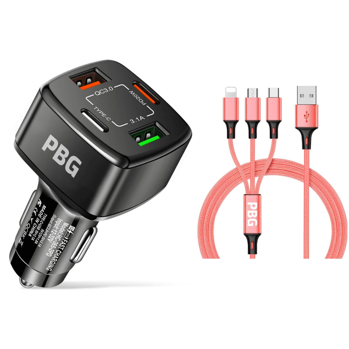 PBG Black 4 Port Car Charger and 4FT - 3 in 1 Nylon Cable Combo - A-1 Thread Vault