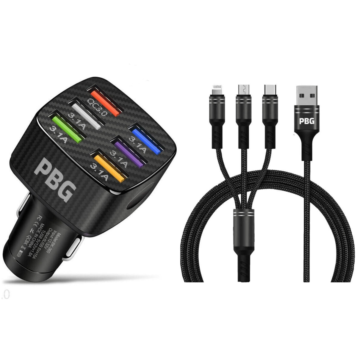 PBG Black LED 6 Port Car Charger and 4FT- 3 In 1 Cable Combo - A-1 Thread Vault