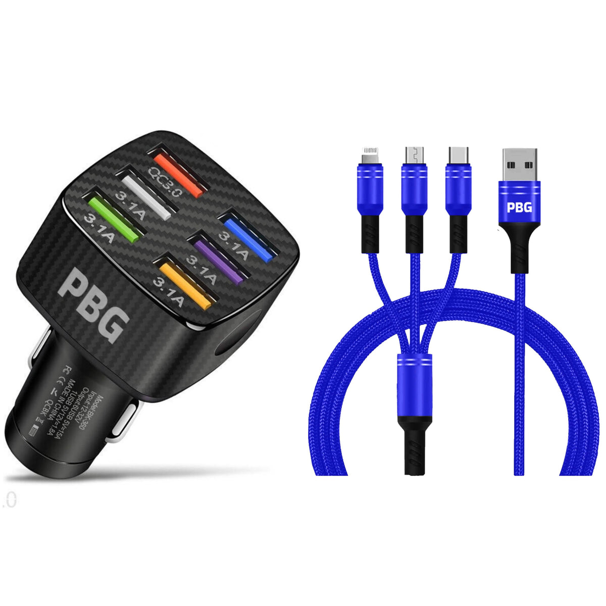 PBG Black LED 6 Port Car Charger and 4FT- 3 In 1 Cable Combo - A-1 Thread Vault