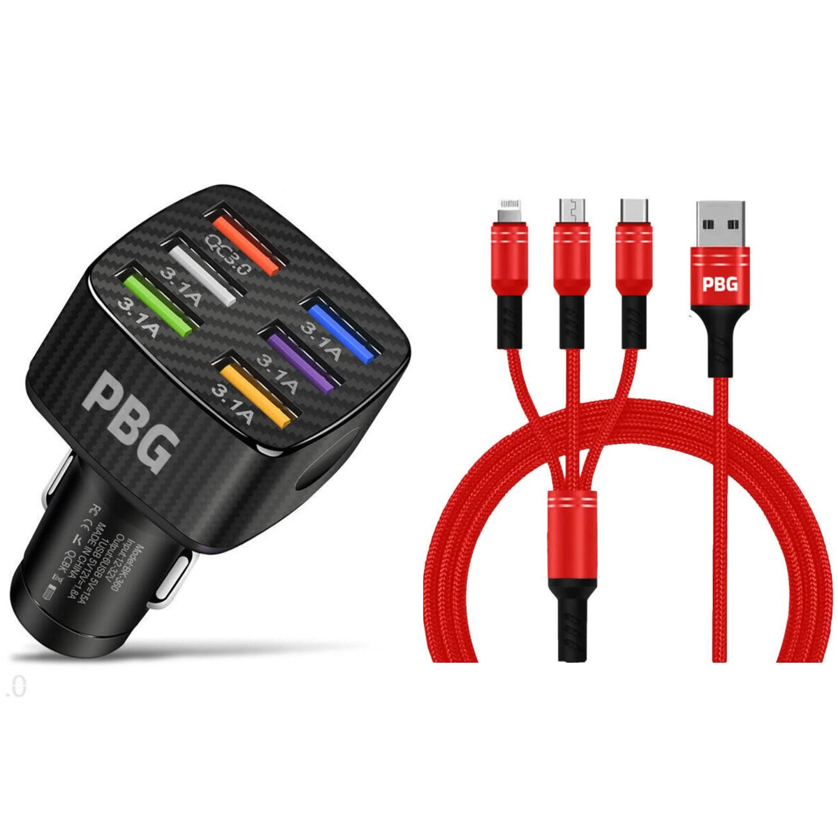 PBG Black LED 6 Port Car Charger and 4FT- 3 In 1 Cable Combo - A-1 Thread Vault