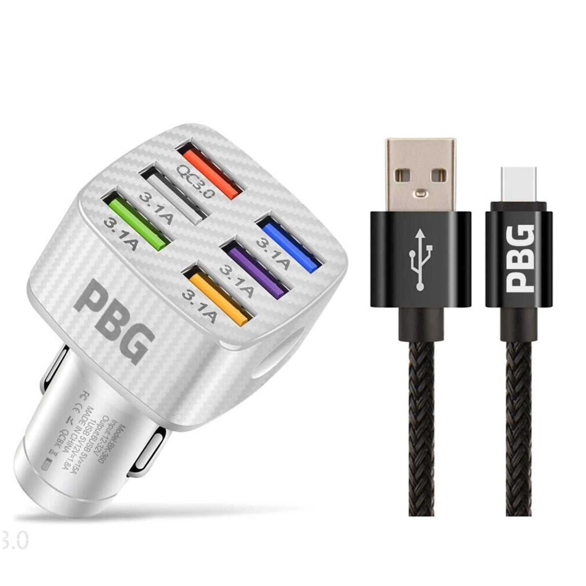 PBG LED 6-Port Car Charger and 10FT XL Zebra Lightning Cable Combo - A-1 Thread Vault