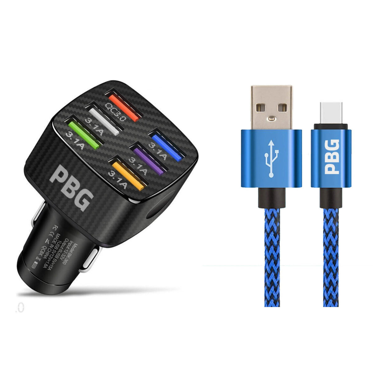 PBG LED 6 Port Car Charger and 10Ft. XL Zebra Lightning Cable Combo - A-1 Thread Vault