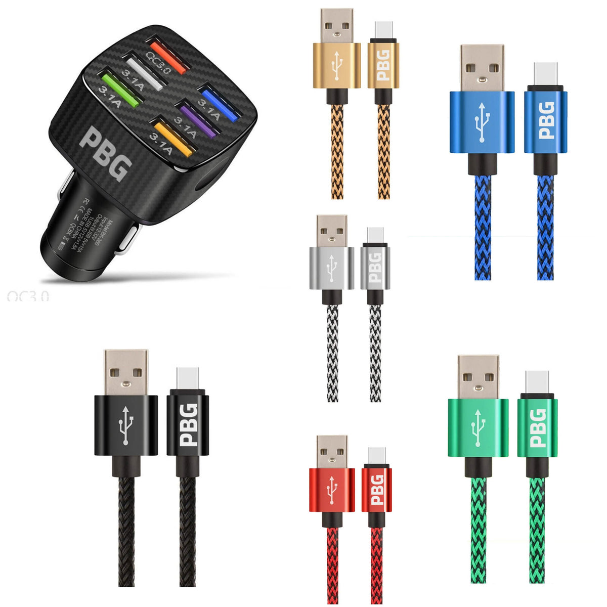 PBG LED 6 Port Car Charger and 10Ft. XL Zebra Lightning Cable Combo - A-1 Thread Vault