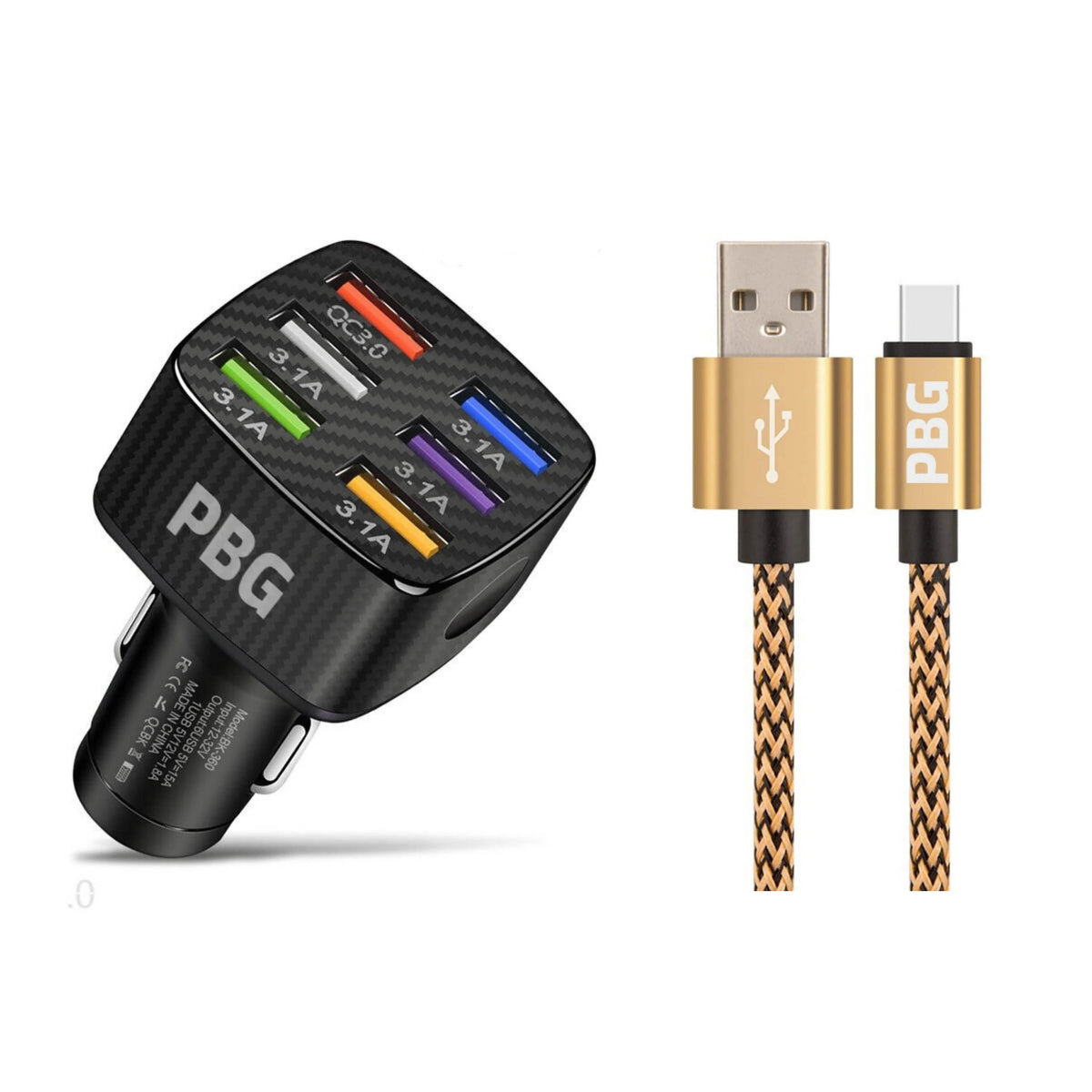 PBG LED 6 Port Car Charger and 10Ft. XL Zebra Lightning Cable Combo - A-1 Thread Vault