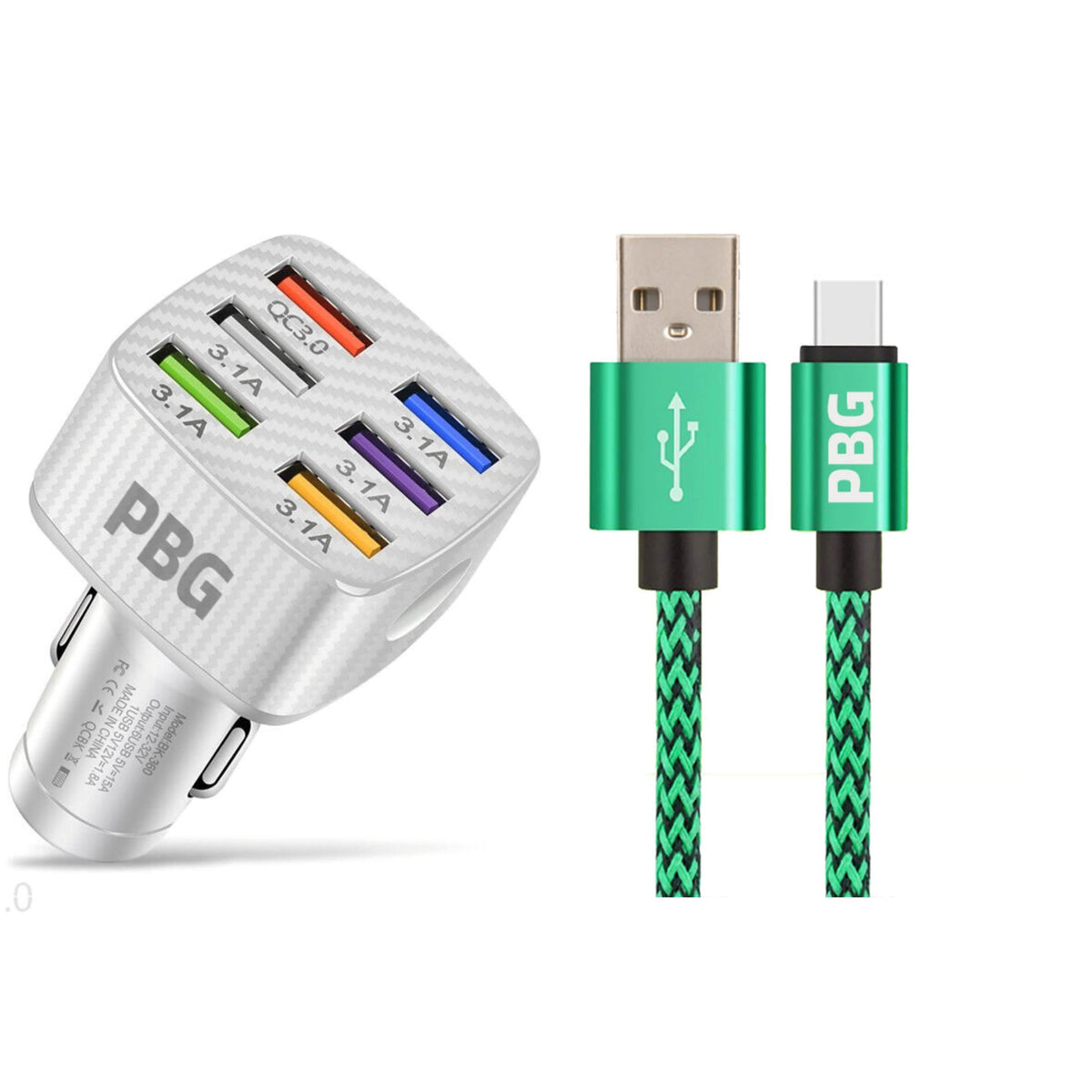 PBG LED 6-Port Car Charger and 10FT XL Zebra Lightning Cable Combo - A-1 Thread Vault
