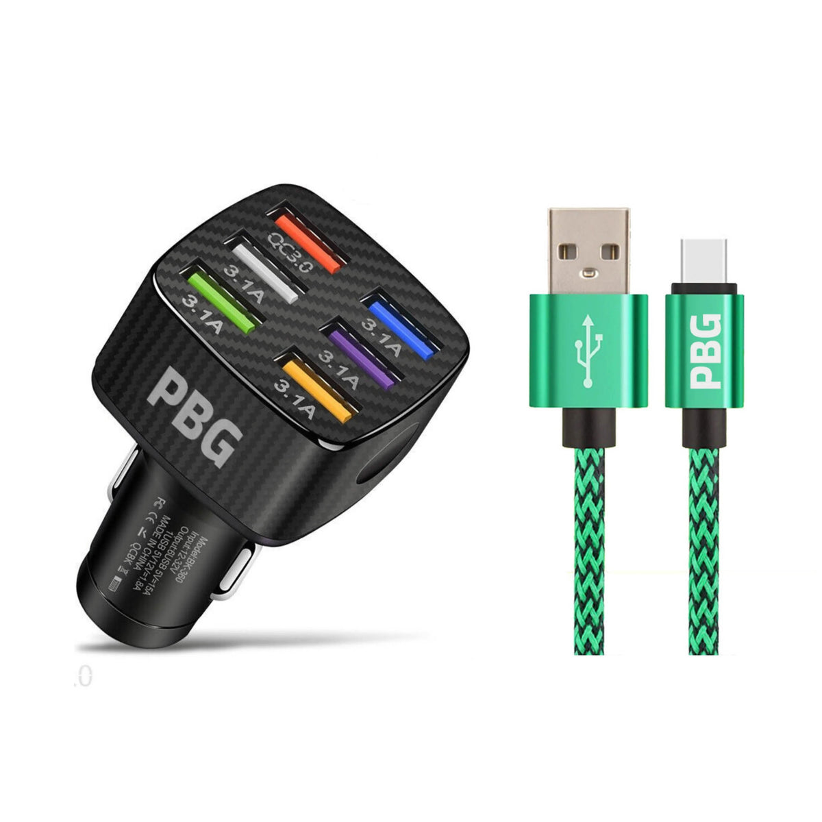 PBG LED 6 Port Car Charger and 10Ft. XL Zebra Lightning Cable Combo - A-1 Thread Vault