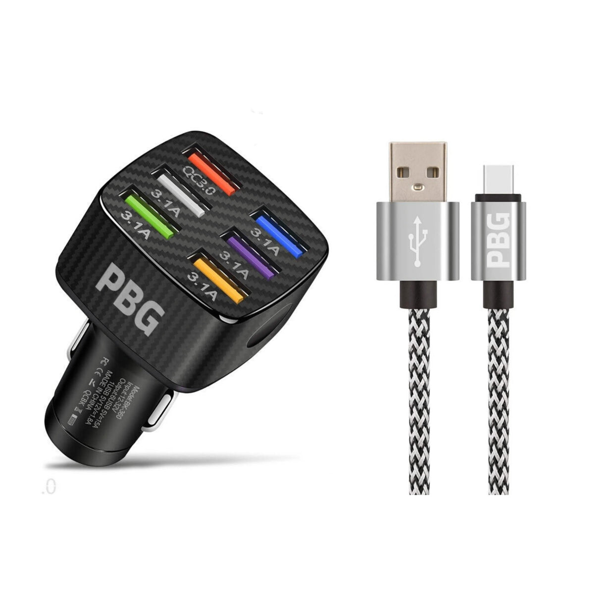 PBG LED 6 Port Car Charger and 10Ft. XL Zebra Lightning Cable Combo - A-1 Thread Vault