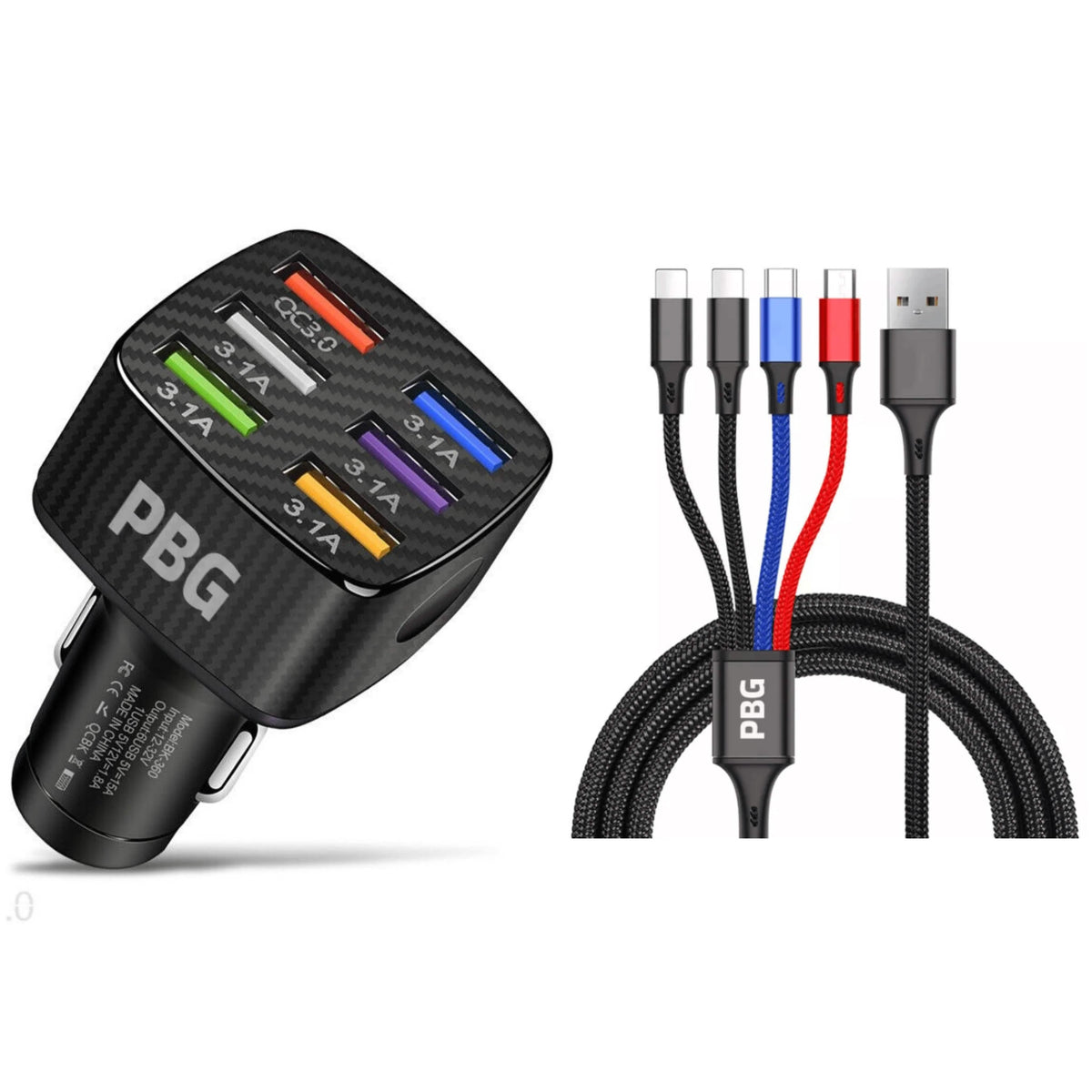 PBG LED 6-Port Car Charger and 4 in 1 Nylon Charging Cable Bundle - A-1 Thread Vault
