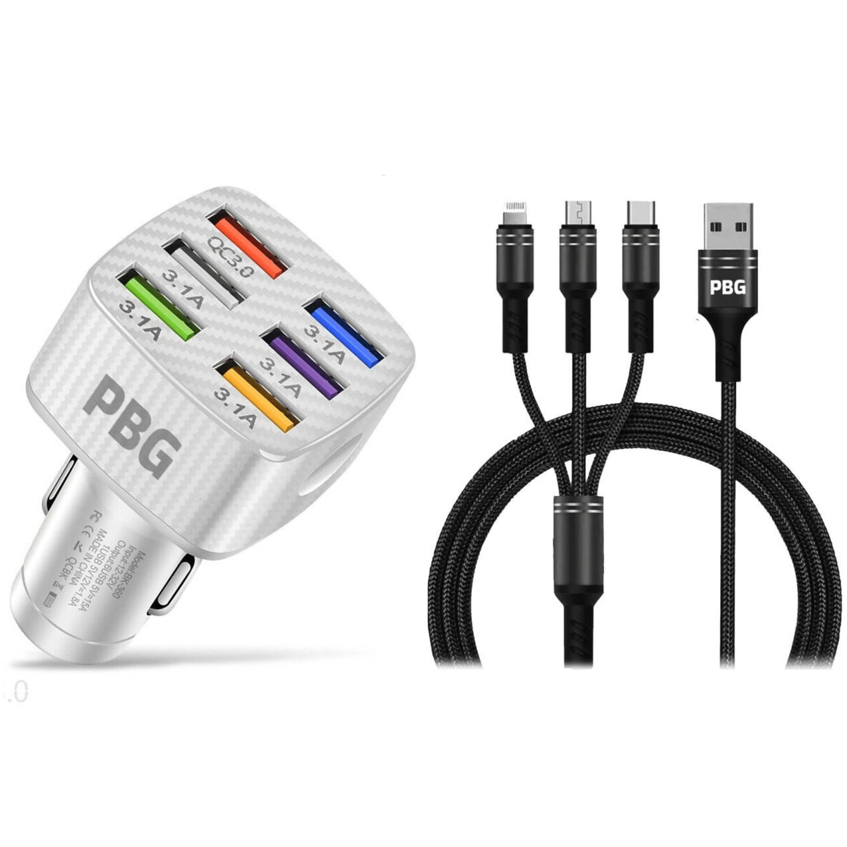 PBG LED 6 Port Car Charger and 4Ft. 3-in-1 Cable Combo - A-1 Thread Vault