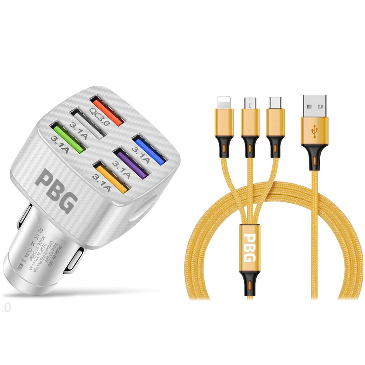 PBG LED 6 Port Car Charger and 4Ft. 3-in-1 Cable Combo - A-1 Thread Vault