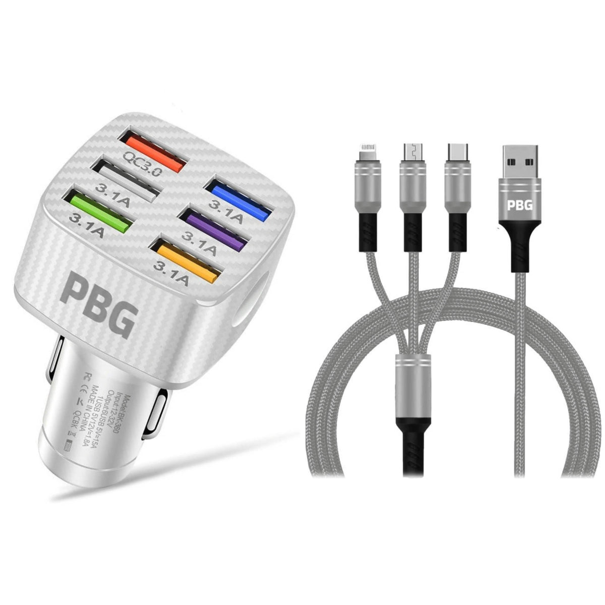 PBG LED 6 Port Car Charger and 4Ft. 3-in-1 Cable Combo - A-1 Thread Vault