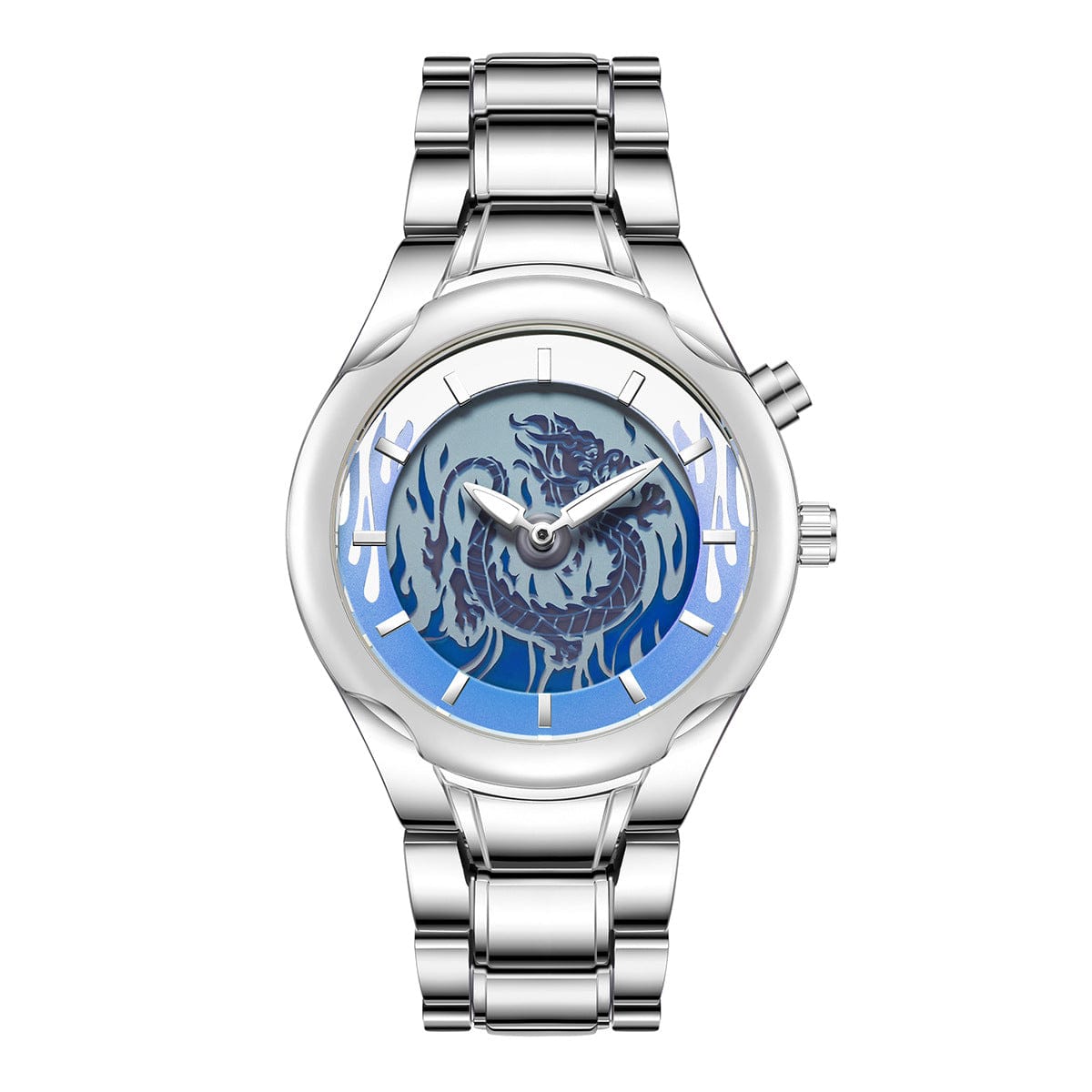 A silver-toned analog wristwatch with a blue circular dial featuring a prominent dragon illustration, set against a polished metal case and link bracelet.