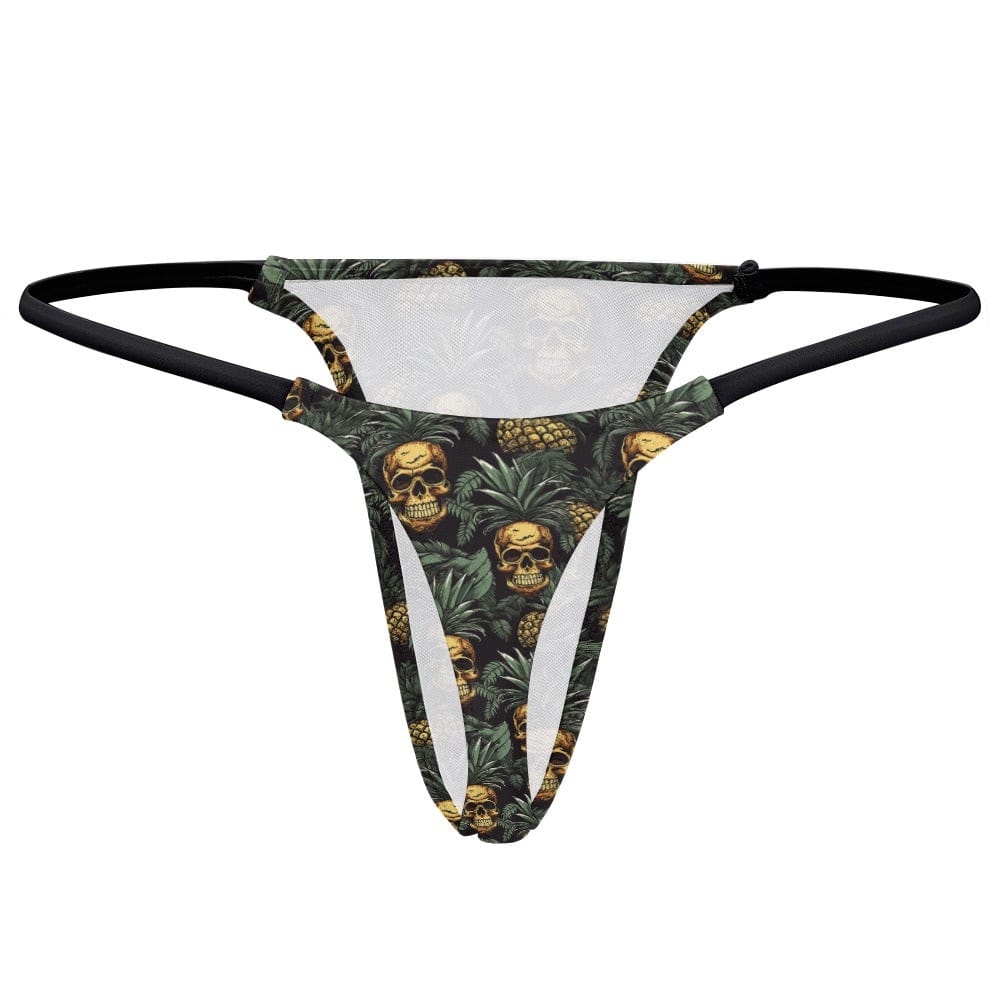 A thong with a black waistband featuring an all-over print of skulls nestled inside pineapple tops against a dark background.