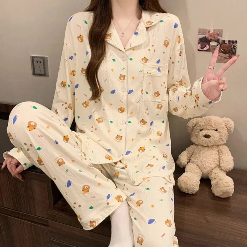 Pink Bow Tie Design Pajamas for Women Long Sleeve Top & Elastic Waist Pants Pajamas Set Harajuku Style Casual New Home Wear - A-1 Thread Vault