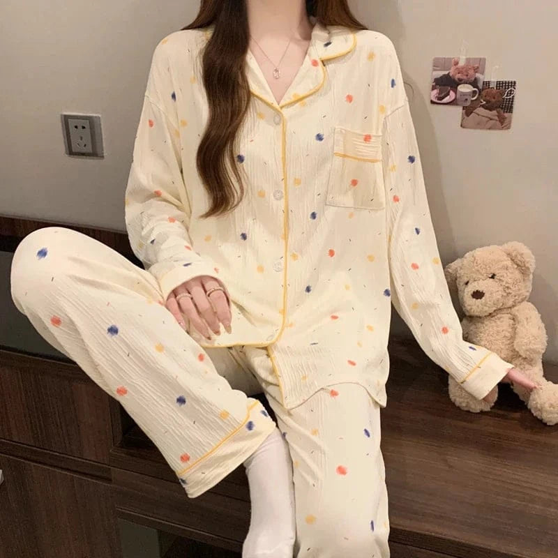 Pink Bow Tie Design Pajamas for Women Long Sleeve Top & Elastic Waist Pants Pajamas Set Harajuku Style Casual New Home Wear - A-1 Thread Vault