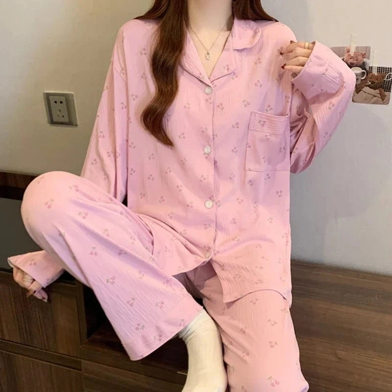 Pink Bow Tie Design Pajamas for Women Long Sleeve Top & Elastic Waist Pants Pajamas Set Harajuku Style Casual New Home Wear - A-1 Thread Vault
