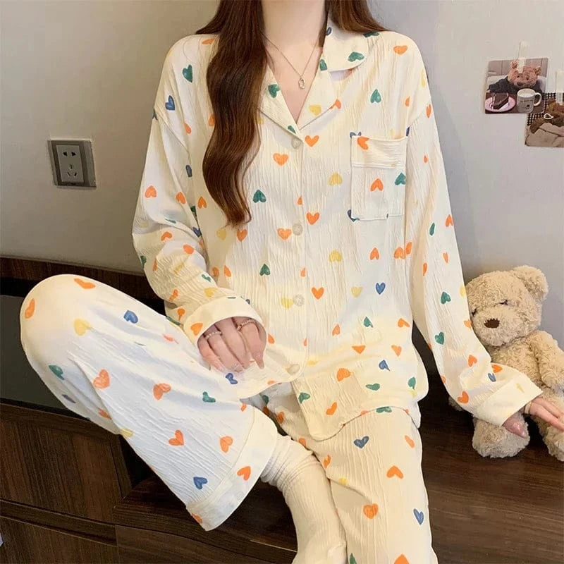 Pink Bow Tie Design Pajamas for Women Long Sleeve Top & Elastic Waist Pants Pajamas Set Harajuku Style Casual New Home Wear - A-1 Thread Vault