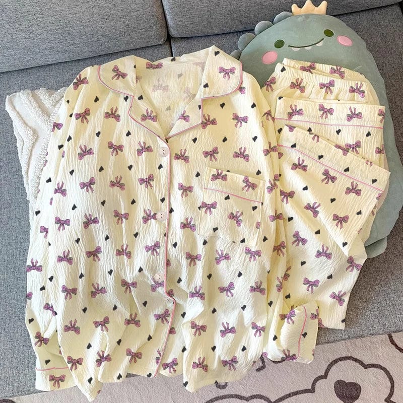 Pink Bow Tie Design Pajamas for Women Long Sleeve Top & Elastic Waist Pants Pajamas Set Harajuku Style Casual New Home Wear - A-1 Thread Vault