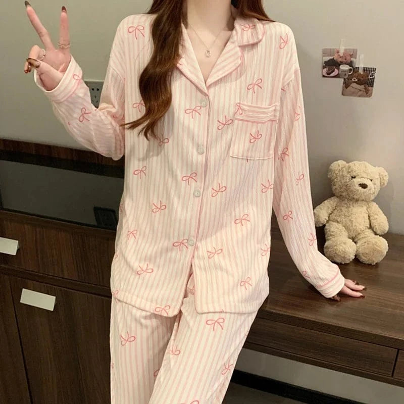 Pink Bow Tie Design Pajamas for Women Long Sleeve Top & Elastic Waist Pants Pajamas Set Harajuku Style Casual New Home Wear - A-1 Thread Vault