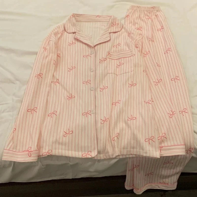 Pink Bow Tie Design Pajamas for Women Long Sleeve Top & Elastic Waist Pants Pajamas Set Harajuku Style Casual New Home Wear - A-1 Thread Vault