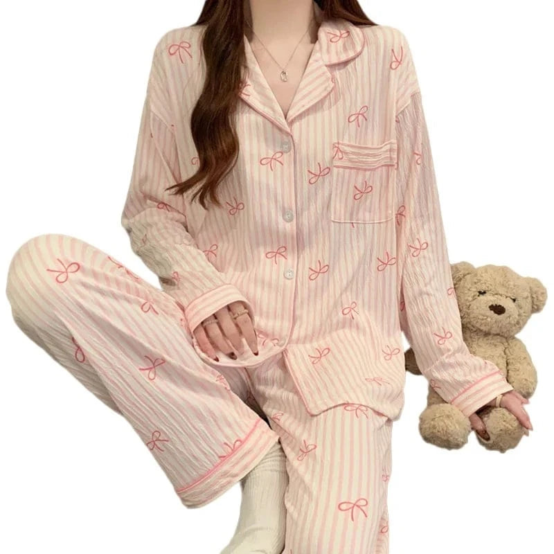 Pink Bow Tie Design Pajamas for Women Long Sleeve Top & Elastic Waist Pants Pajamas Set Harajuku Style Casual New Home Wear - A-1 Thread Vault