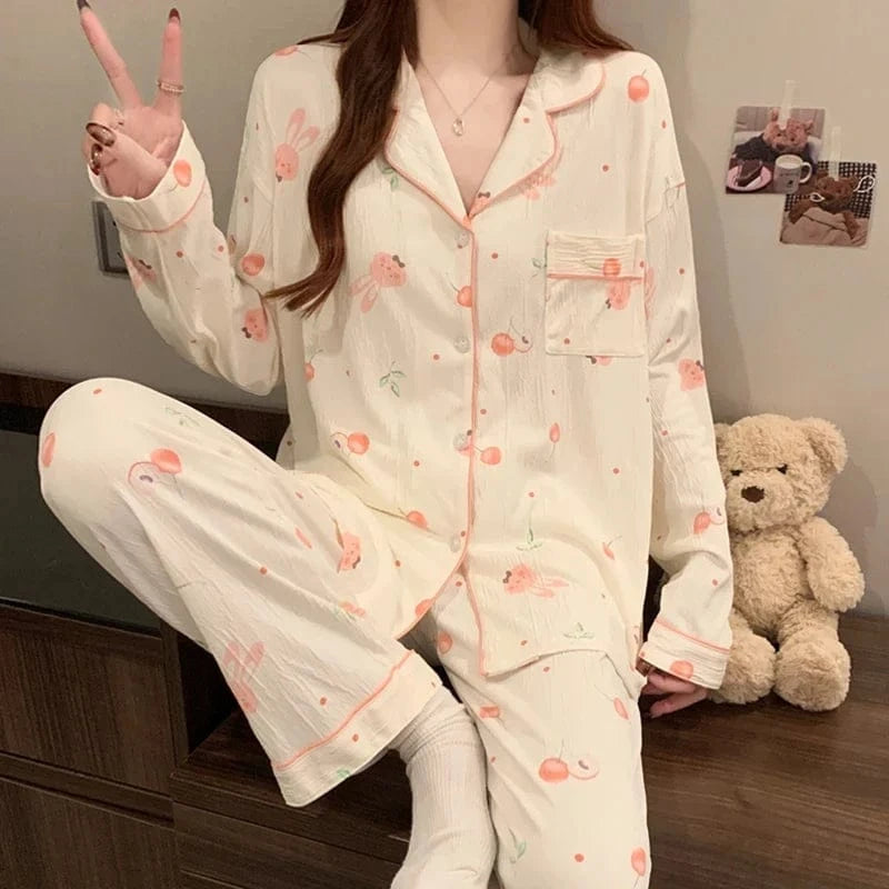 Pink Bow Tie Design Pajamas for Women Long Sleeve Top & Elastic Waist Pants Pajamas Set Harajuku Style Casual New Home Wear - A-1 Thread Vault