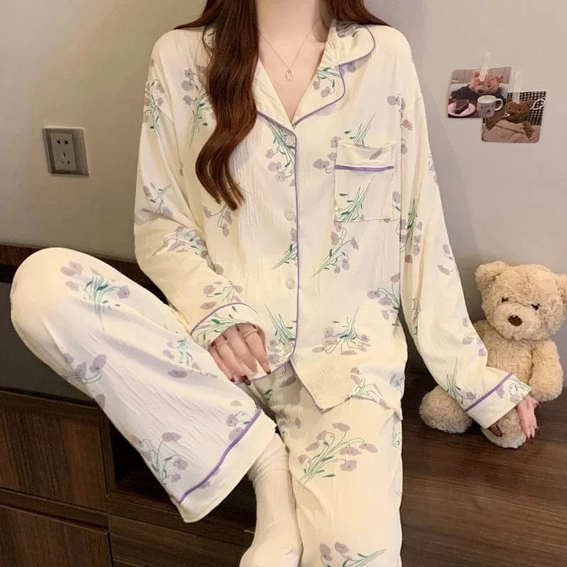 Pink Bow Tie Design Pajamas for Women Long Sleeve Top & Elastic Waist Pants Pajamas Set Harajuku Style Casual New Home Wear - A-1 Thread Vault