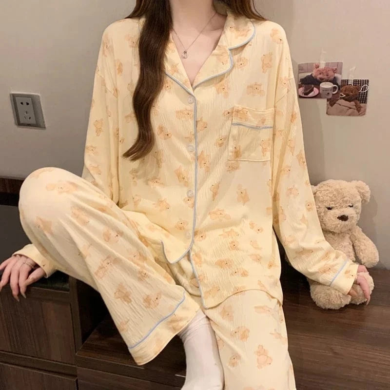 Pink Bow Tie Design Pajamas for Women Long Sleeve Top & Elastic Waist Pants Pajamas Set Harajuku Style Casual New Home Wear - A-1 Thread Vault