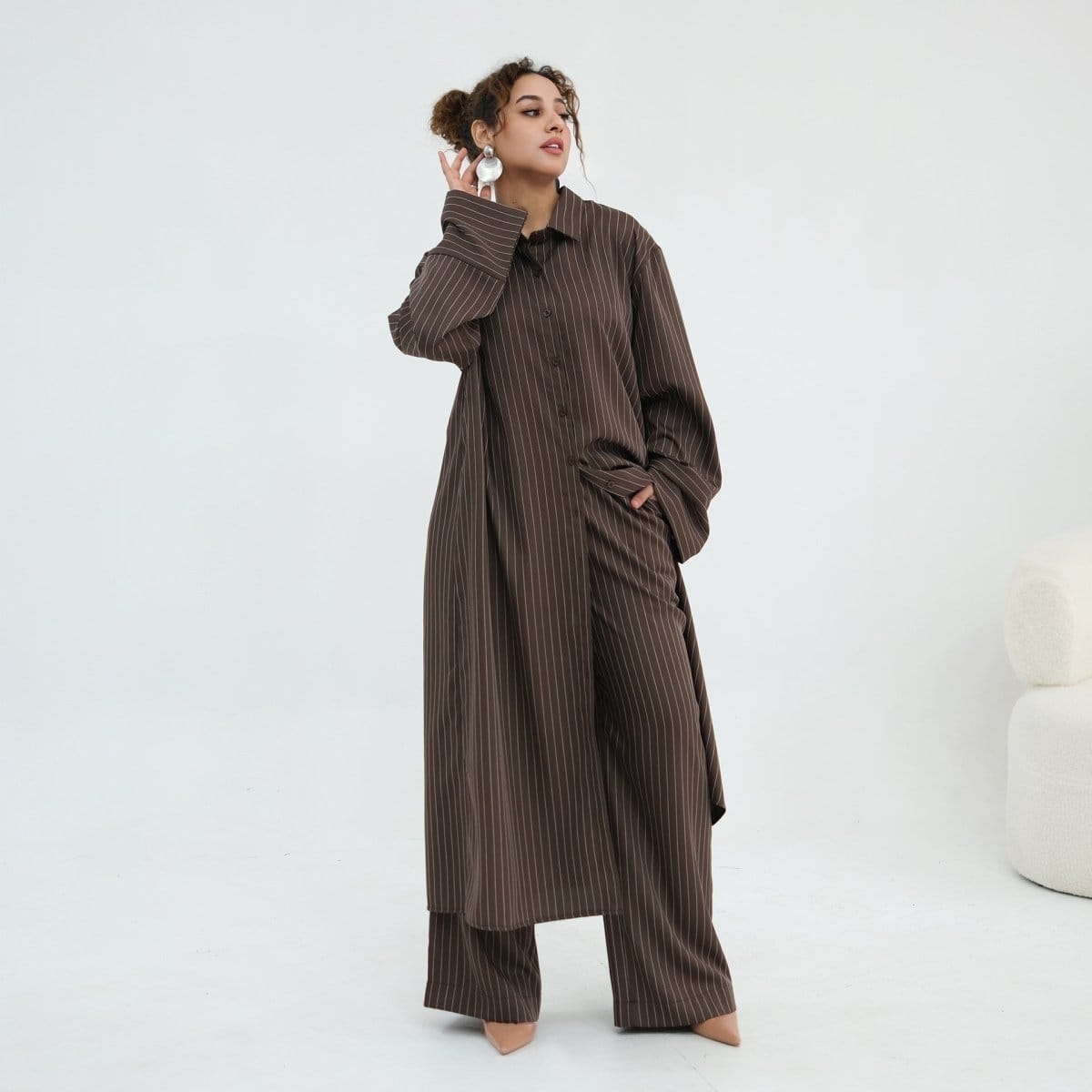 Pinstripe Oversized Shirt & Wide-Leg Trouser Set(MS452) - A-1 Thread Vault