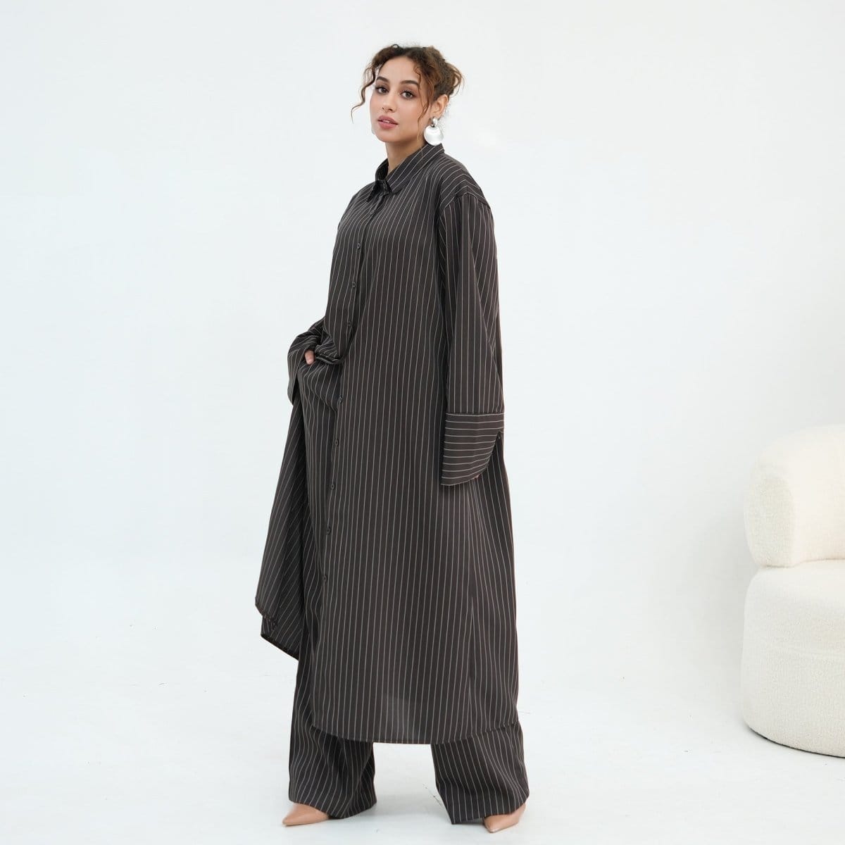 Pinstripe Oversized Shirt & Wide-Leg Trouser Set(MS452) - A-1 Thread Vault