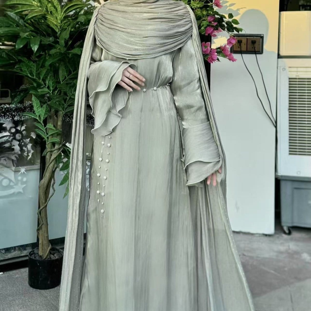 Pleated Cape Sleeve Abaya Maxi Dress(MA430) - A-1 Thread Vault