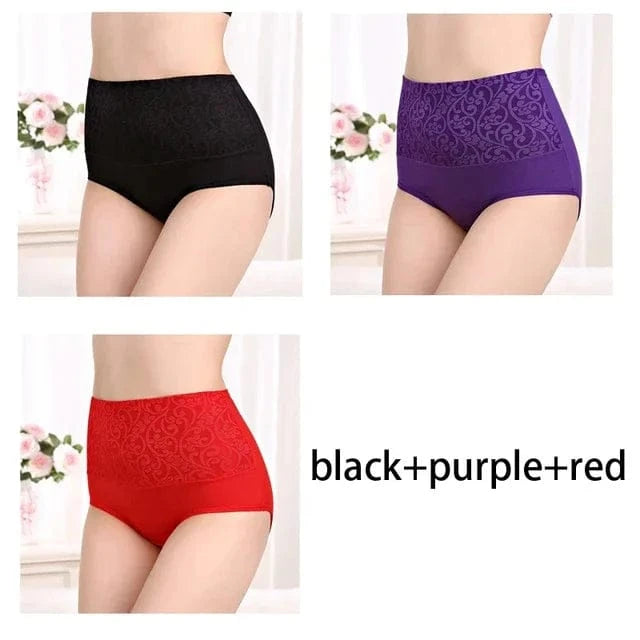 Plus Size Women's Cotton Underwear High Waisted Tummy Control Panties Full Coverage Briefs Jacquard Ladies Panty 3 Pack - A-1 Thread Vault