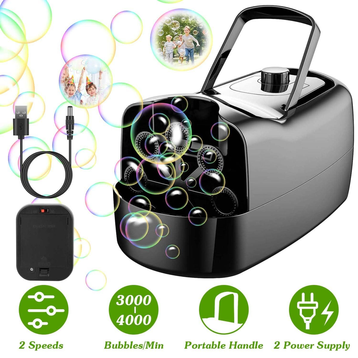 Portable Bubble Blowing Machine with 2 Speeds Handle 3000-4000 Bubbles Per Minute Plug-In Battery Powered - A-1 Thread Vault