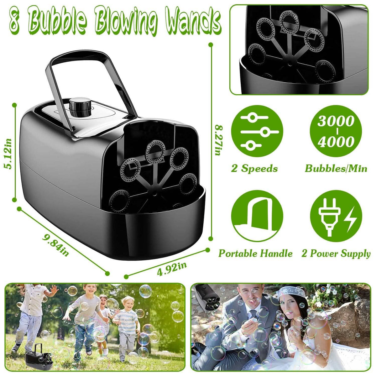 Portable Bubble Blowing Machine with 2 Speeds Handle 3000-4000 Bubbles Per Minute Plug-In Battery Powered - A-1 Thread Vault