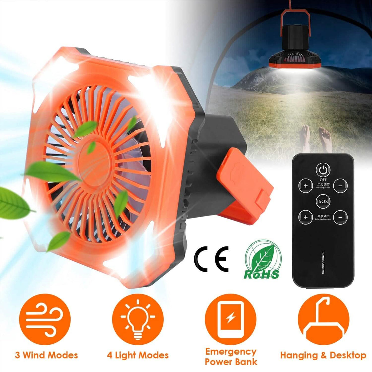 Portable Camping Lantern Fan 10000mAh Battery Powered with 4 Light Modes - A-1 Thread Vault