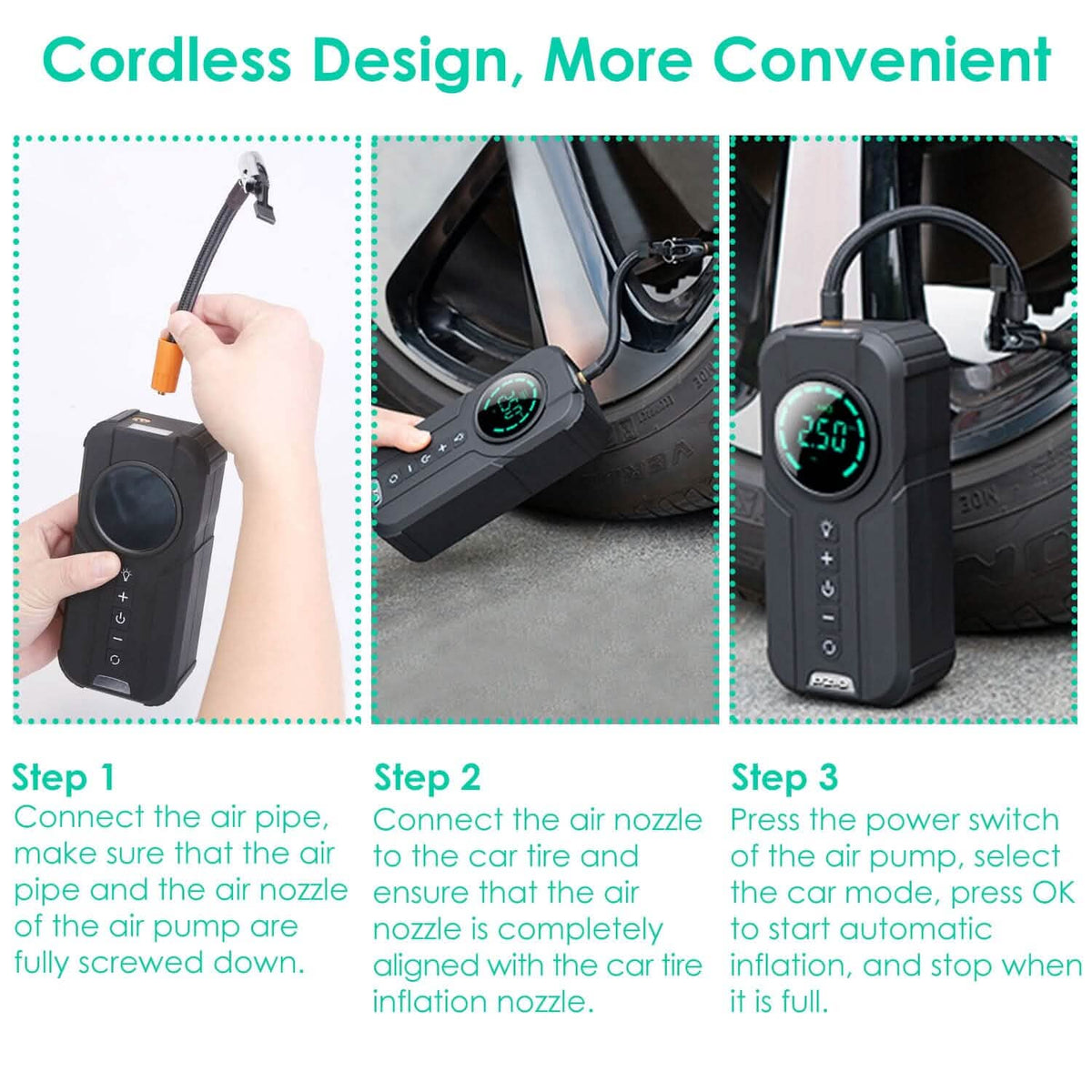 Portable Car Compressor Wireless Electric Air Pump 150 PSI with LED Light - A-1 Thread Vault