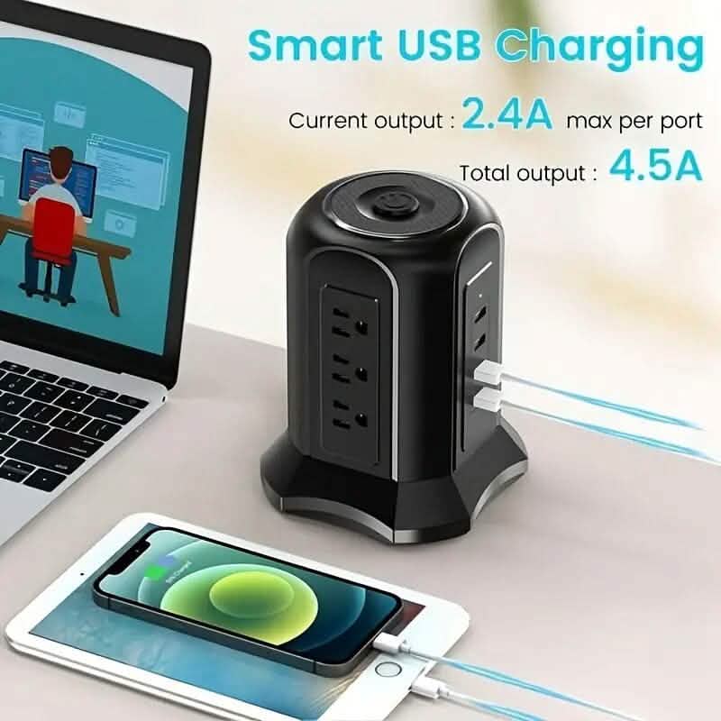 Power Strip Tower with 9 Outlets 4 USB Ports 6.5 Ft. Long Extension Cord - A-1 Thread Vault