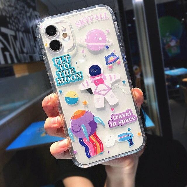 Cartoon Astronaut Planet Transparent iPhone Case - A-1 Thread Vault