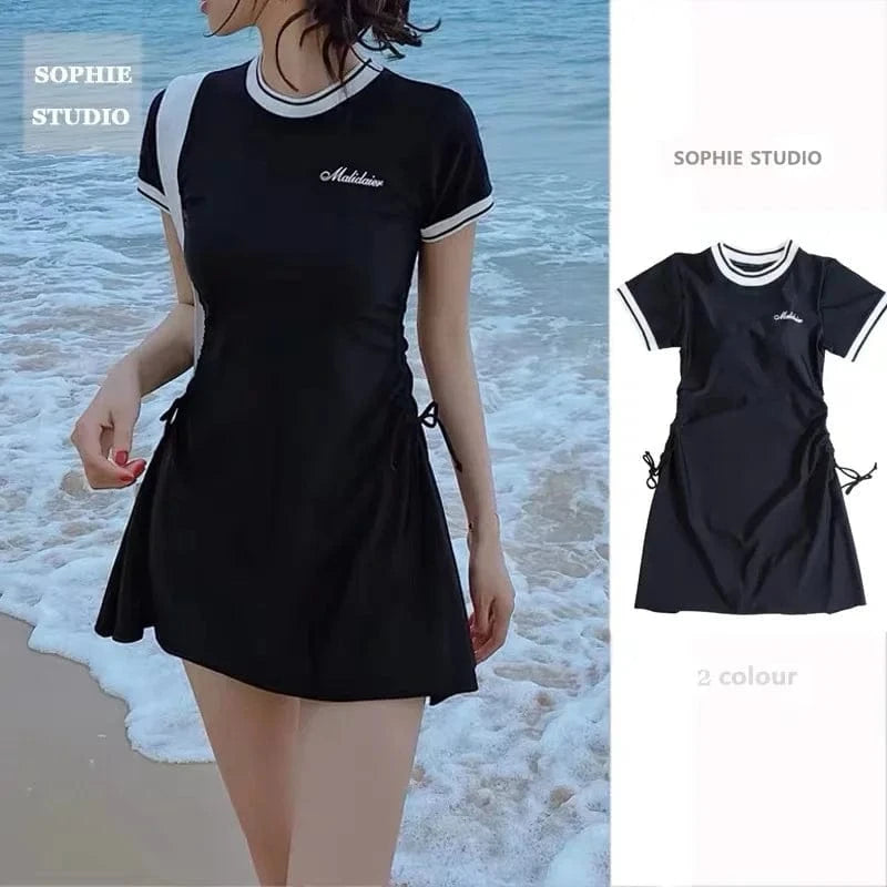 Professional Swimsuit Hot Spring Swimwear Fairy Women One-piece Sexy Belly-covering Short Sleeve Students Korean Bathing Suit - A-1 Thread Vault