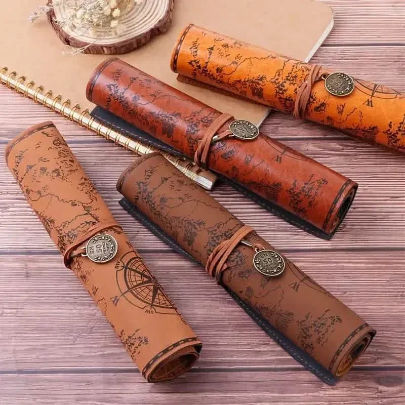 PU Leather Rollup Pen Bag Vintage Creative Map Pencil Case - A-1 Thread Vault