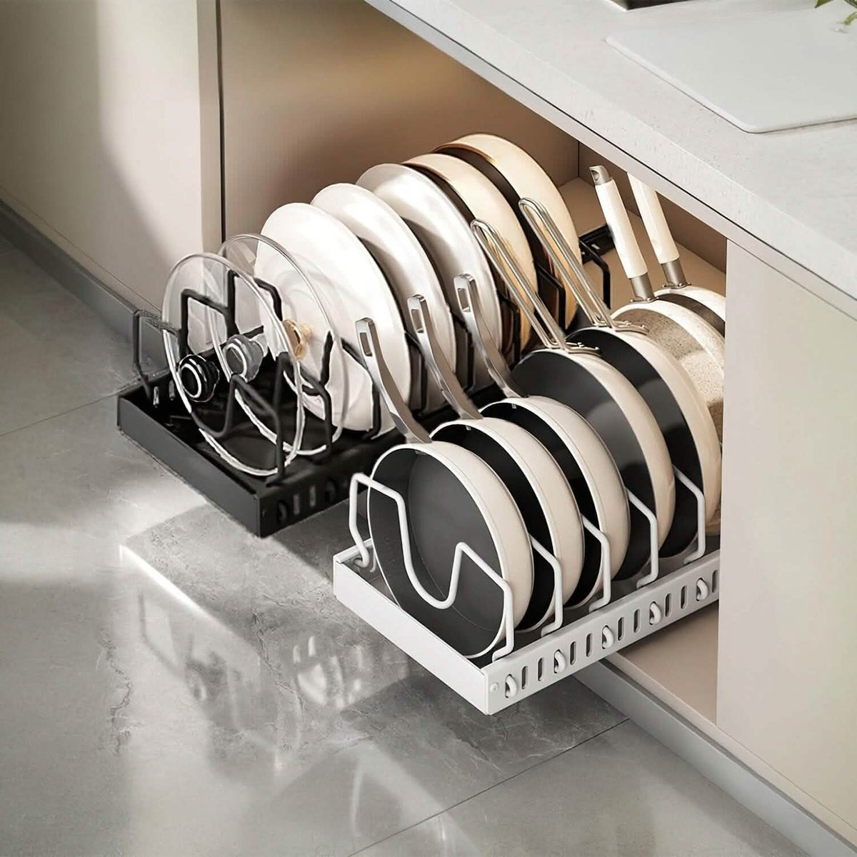 Pull Out Pots and Pans Organizer with 8 Adjustable Dividers - A-1 Thread Vault