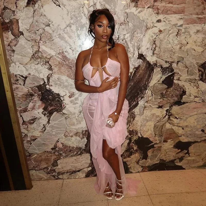 Rhinestone Halter Cutout Mesh Maxi Dress - A-1 Thread Vault