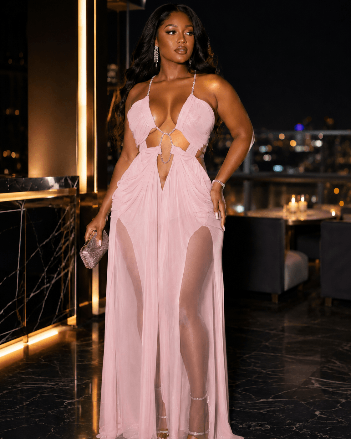 Rhinestone Halter Cutout Mesh Maxi Dress - A-1 Thread Vault