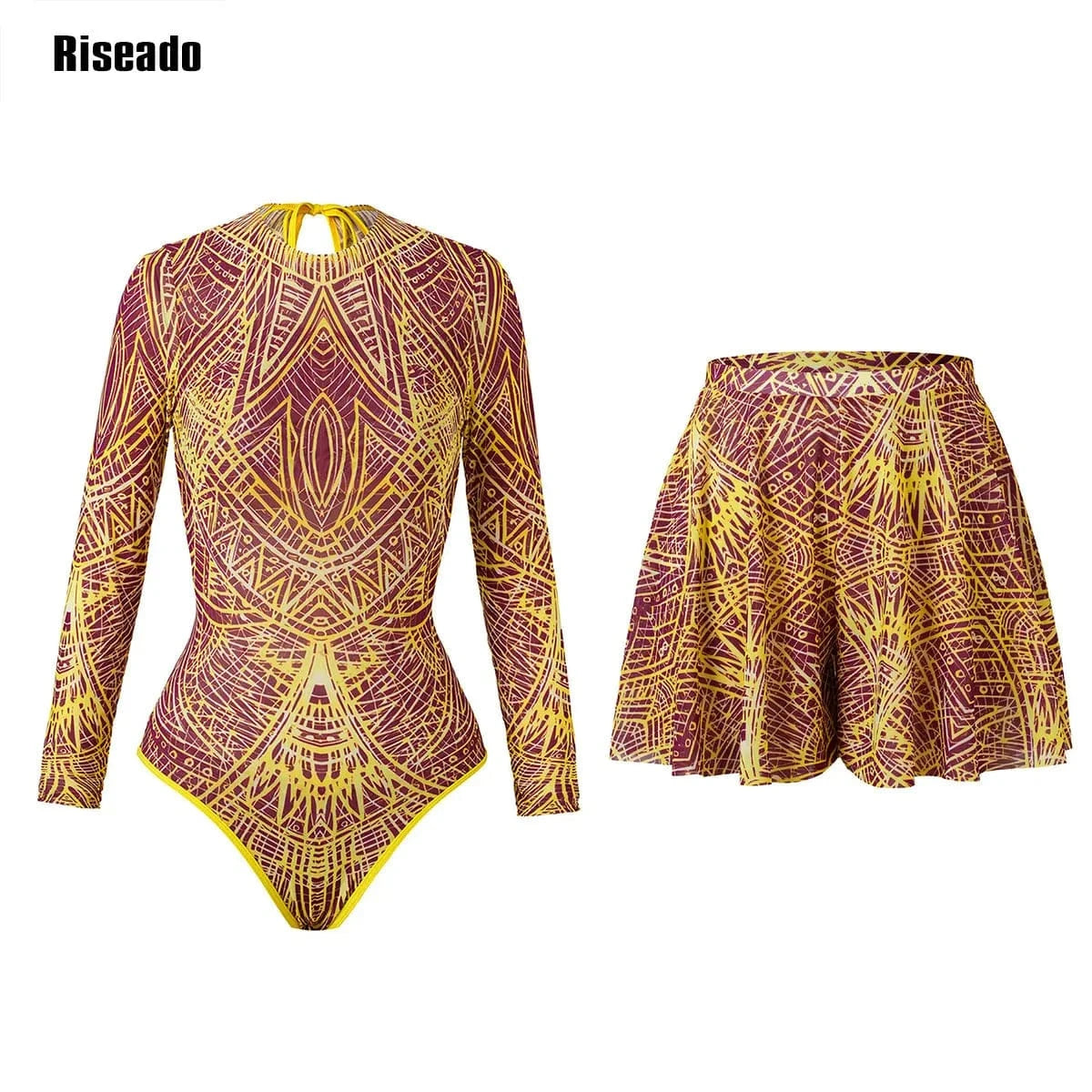Riseado Mesh Swimsuit with Long Pants & Swimdress Long Sleeve Mesh Beachwear Sexy High Waist Bathing Suit Smart Beach Clothing - A-1 Thread Vault