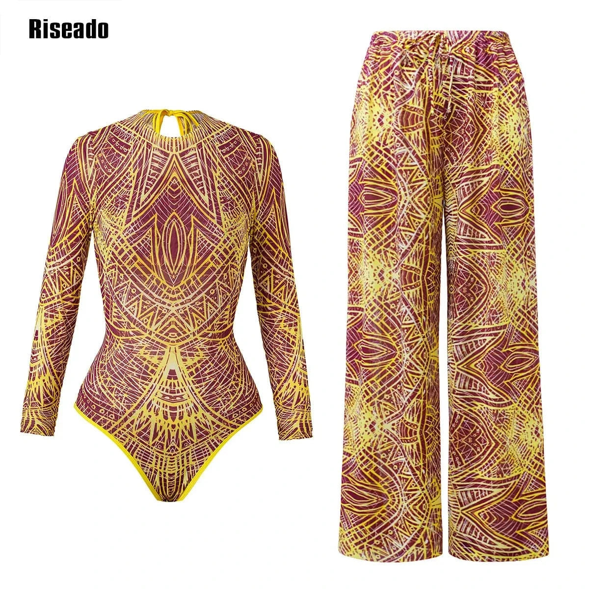 Riseado Mesh Swimsuit with Long Pants & Swimdress Long Sleeve Mesh Beachwear Sexy High Waist Bathing Suit Smart Beach Clothing - A-1 Thread Vault