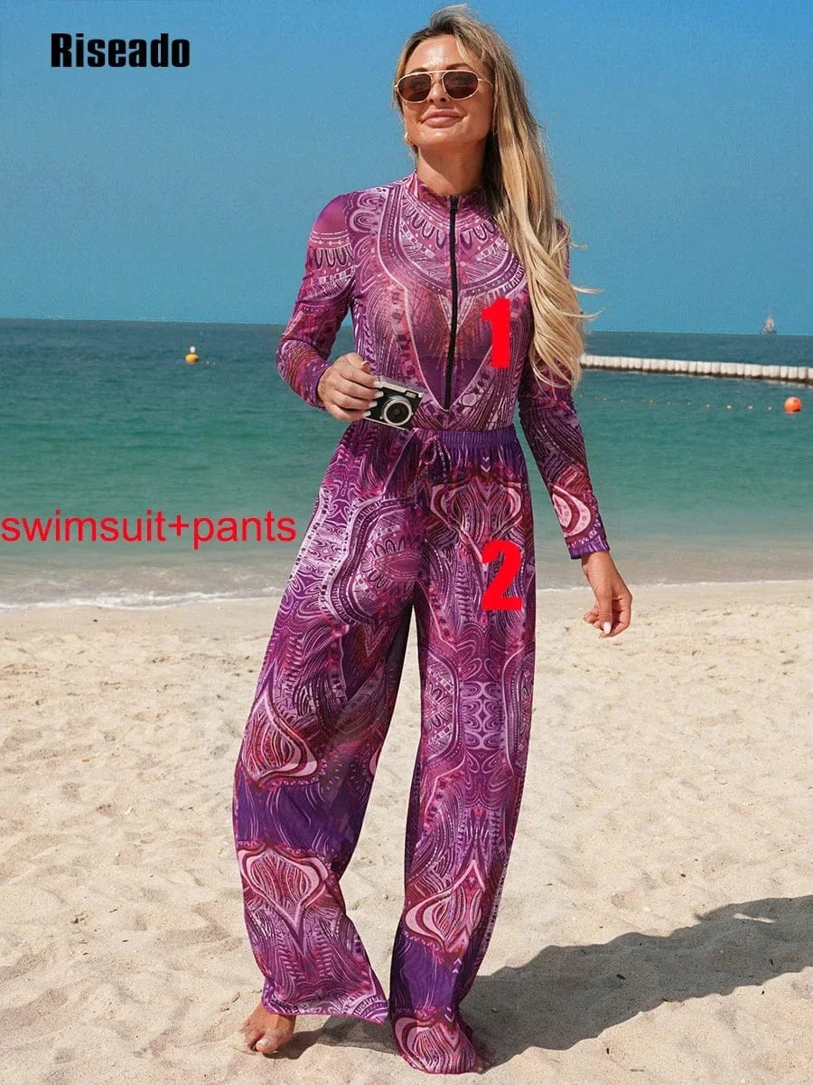 Riseado Mesh Swimsuit with Long Pants & Swimdress Long Sleeve Mesh Beachwear Sexy High Waist Bathing Suit Smart Beach Clothing - A-1 Thread Vault