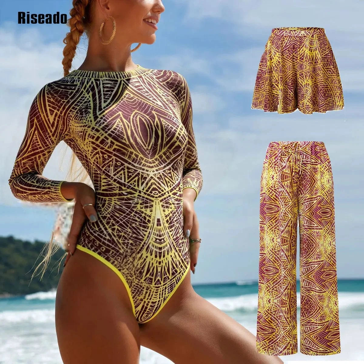 Riseado Mesh Swimsuit with Long Pants & Swimdress Long Sleeve Mesh Beachwear Sexy High Waist Bathing Suit Smart Beach Clothing - A-1 Thread Vault