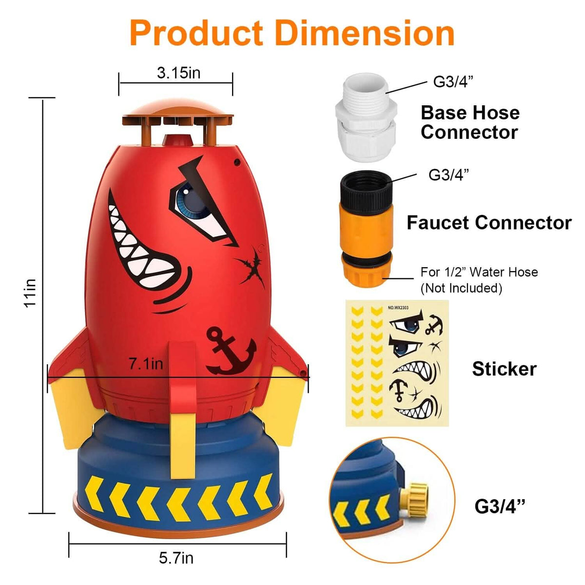 Rocket Sprinkler Launcher Water Sprinkler Flying Splashing 360° Rotation for 3+ Years Old - A-1 Thread Vault