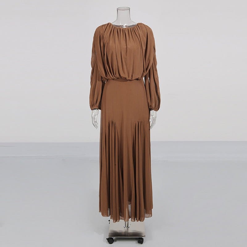 Round Neck Ruched Bodice Lantern Sleeve Floor-Length Dress(MS402) - A-1 Thread Vault